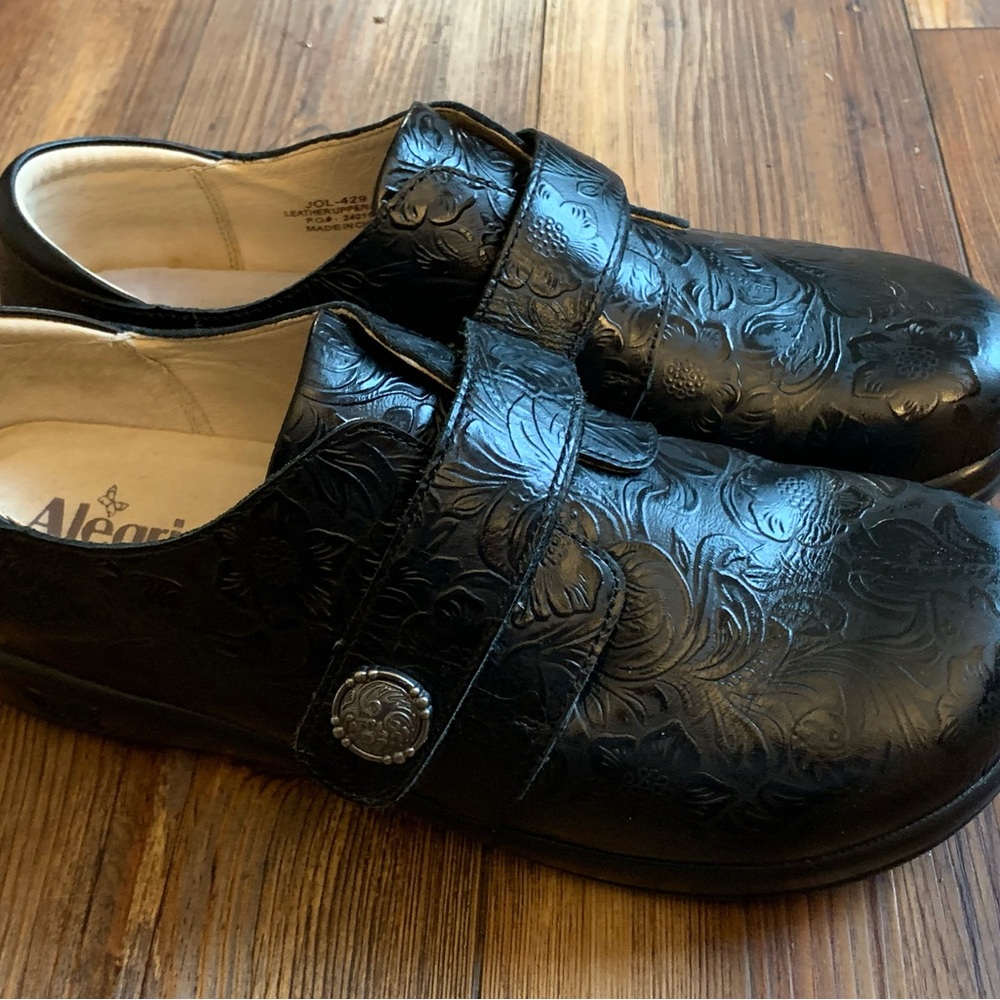 Alegria Black Embossed Leather Mules